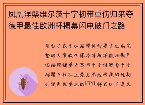 凤凰涅槃维尔茨十字韧带重伤归来夺德甲最佳欧洲杯揭幕闪电破门之路