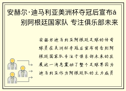 安赫尔·迪马利亚美洲杯夺冠后宣布告别阿根廷国家队 专注俱乐部未来
