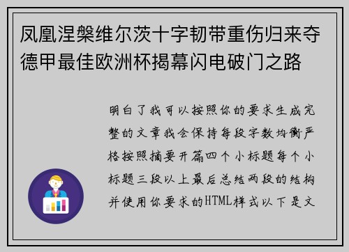 凤凰涅槃维尔茨十字韧带重伤归来夺德甲最佳欧洲杯揭幕闪电破门之路